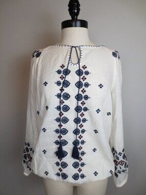 Beach Lunch Lounge Boho Embroidered Peasant Top Tassel Tie White Navy Maroon